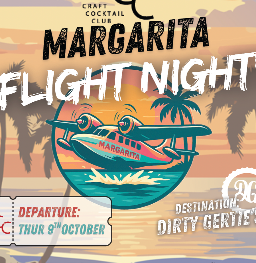 Picture of a plane taking off on a tropical background - text reads margarita Flight night. Departure 9th October - Destination Dirty Gertie's