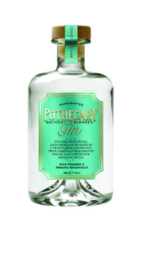 picture of a bottle of gin with a teal coloured label on a white background