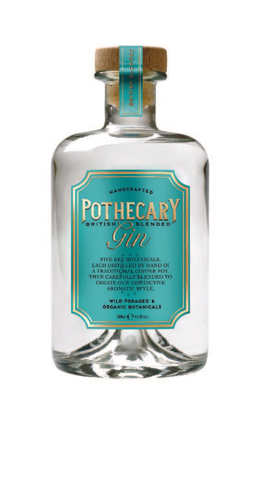 picture of a bottle of gin with a teal coloured label on a white background 