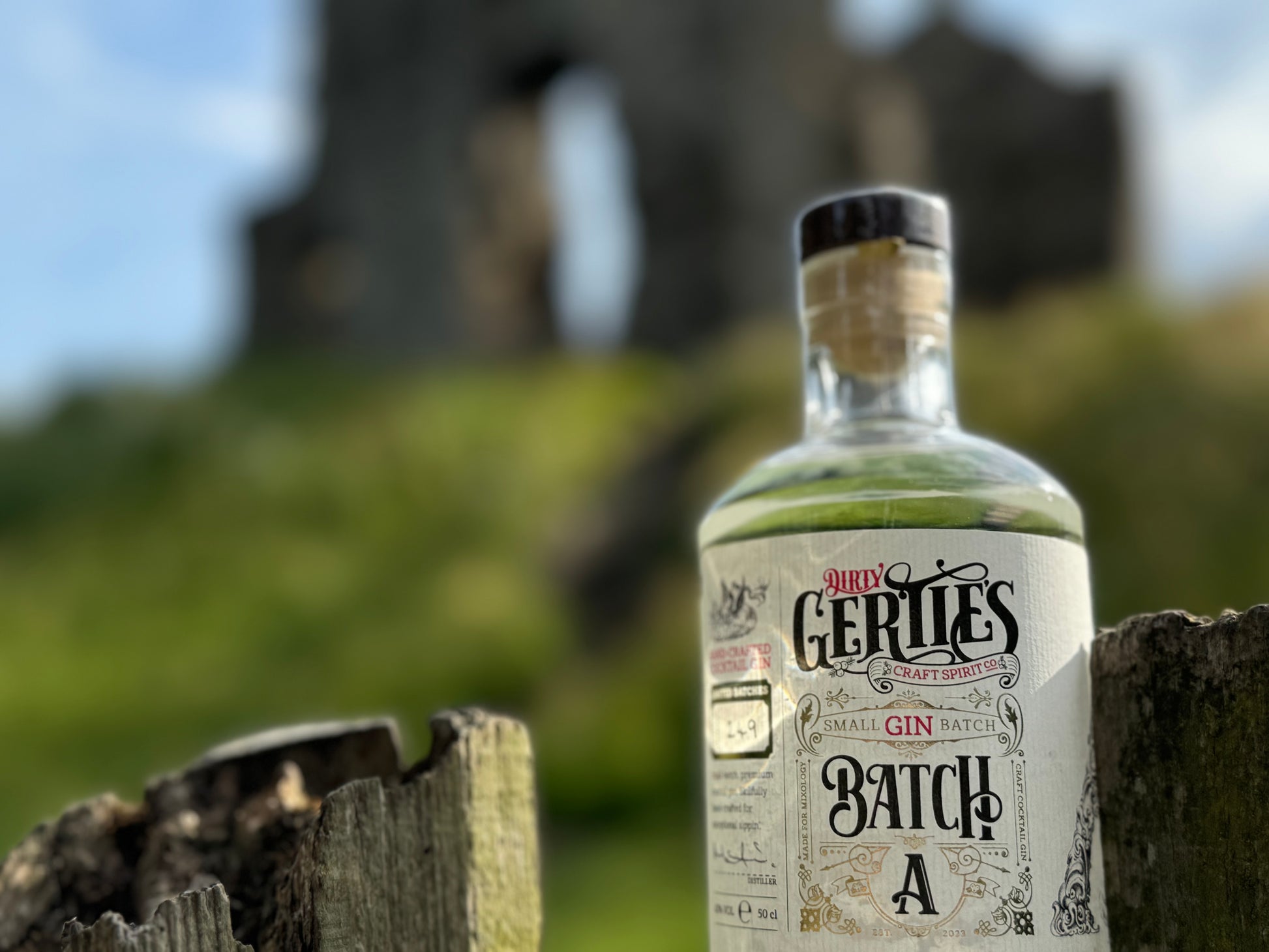 picture of a bottle of DG craft gin with a hill and castle in the blured background 