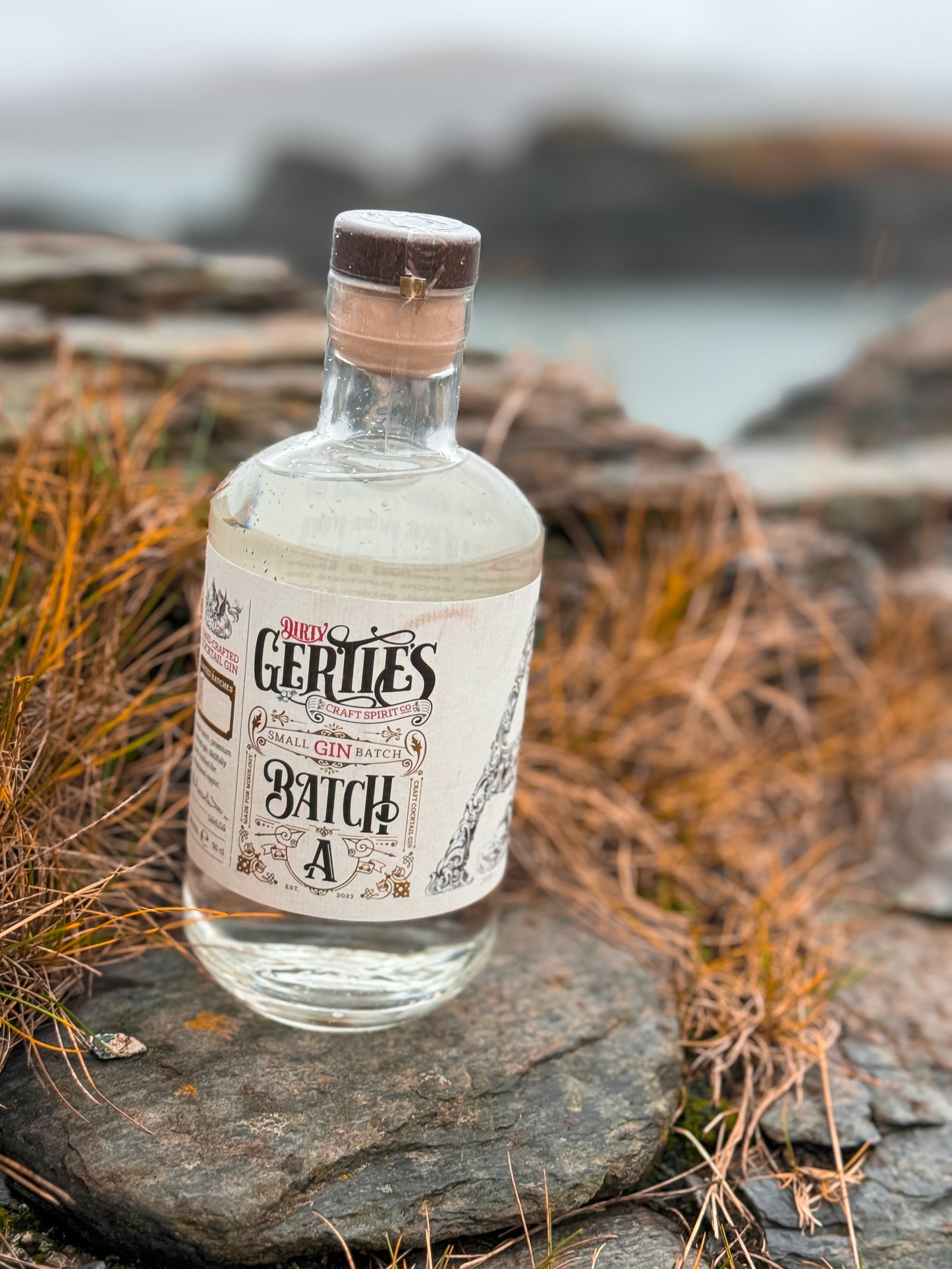 picture of Dirty Gertie's Gin in scotland next to brown grass on rocks 